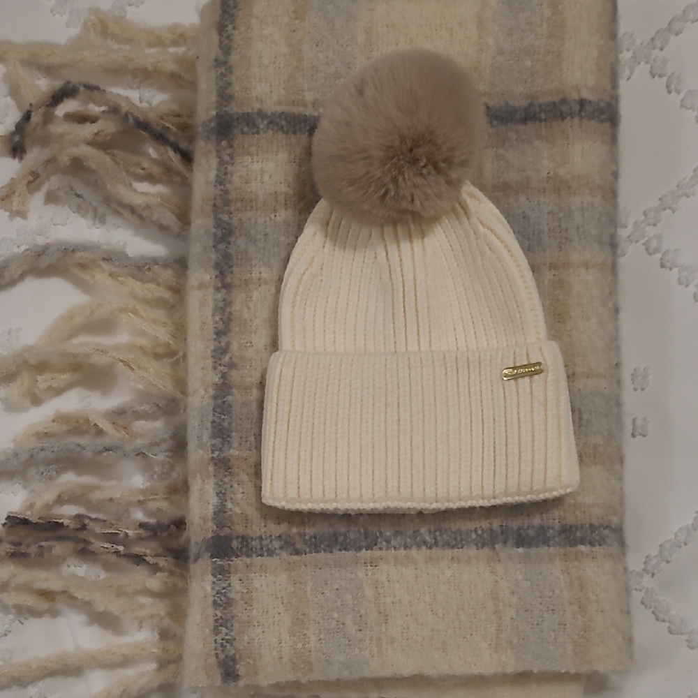 Plaid Cream and Gray Scarf With Cream Hat.